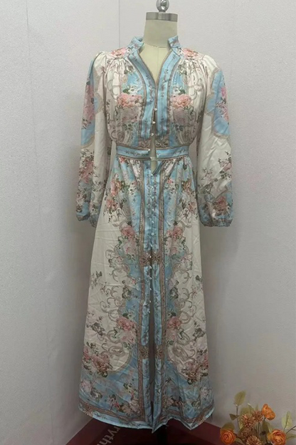 Print Buckle V Neck a Line Dresses