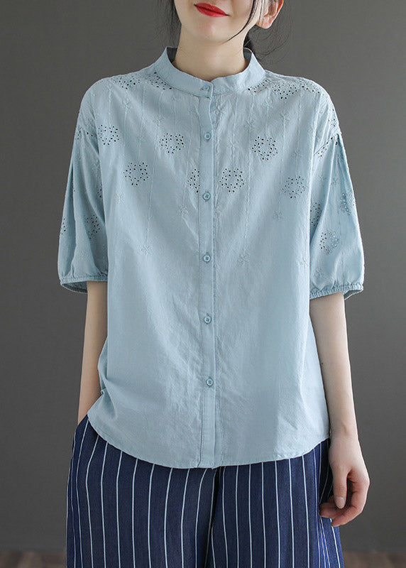 Light Blue Stand Collar Embroidered Button Cotton Shirt Half Sleeve