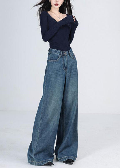 Blue Pockets High Waist Denim Wide Leg Pants Winter
