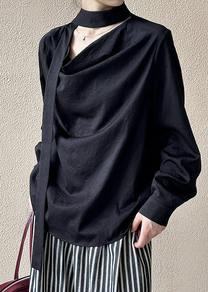 Black Loose Cotton Shirt Bow Long Sleeve