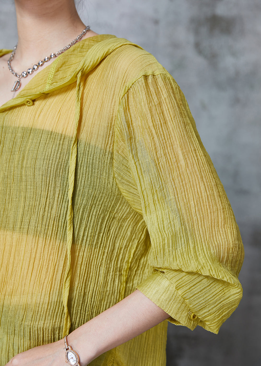 Grass Green Hooded Wrinkled Cotton Blouses Summer