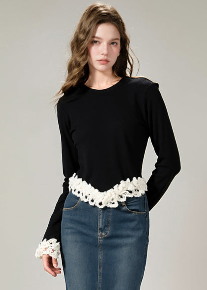 Art Black O-neck Nail Bead Patchwork Cotton Knit Sweater Winter