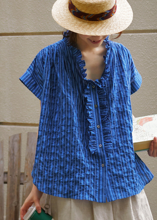 Blue Ruffled Striped Cotton Blouse Top Summer
