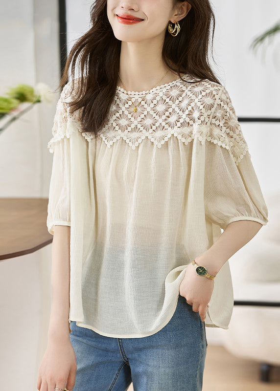 Khaki O Neck Lace Patchwork Cotton Top Lantern Sleeve