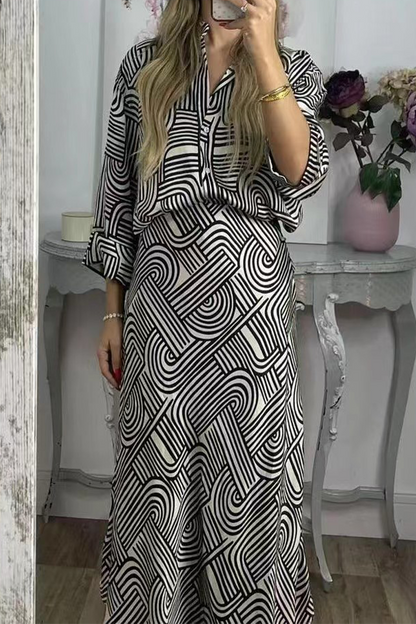 Daily Geometric Print Buttons Turndown Collar Three Quarter Two Pieces(3 Colors)