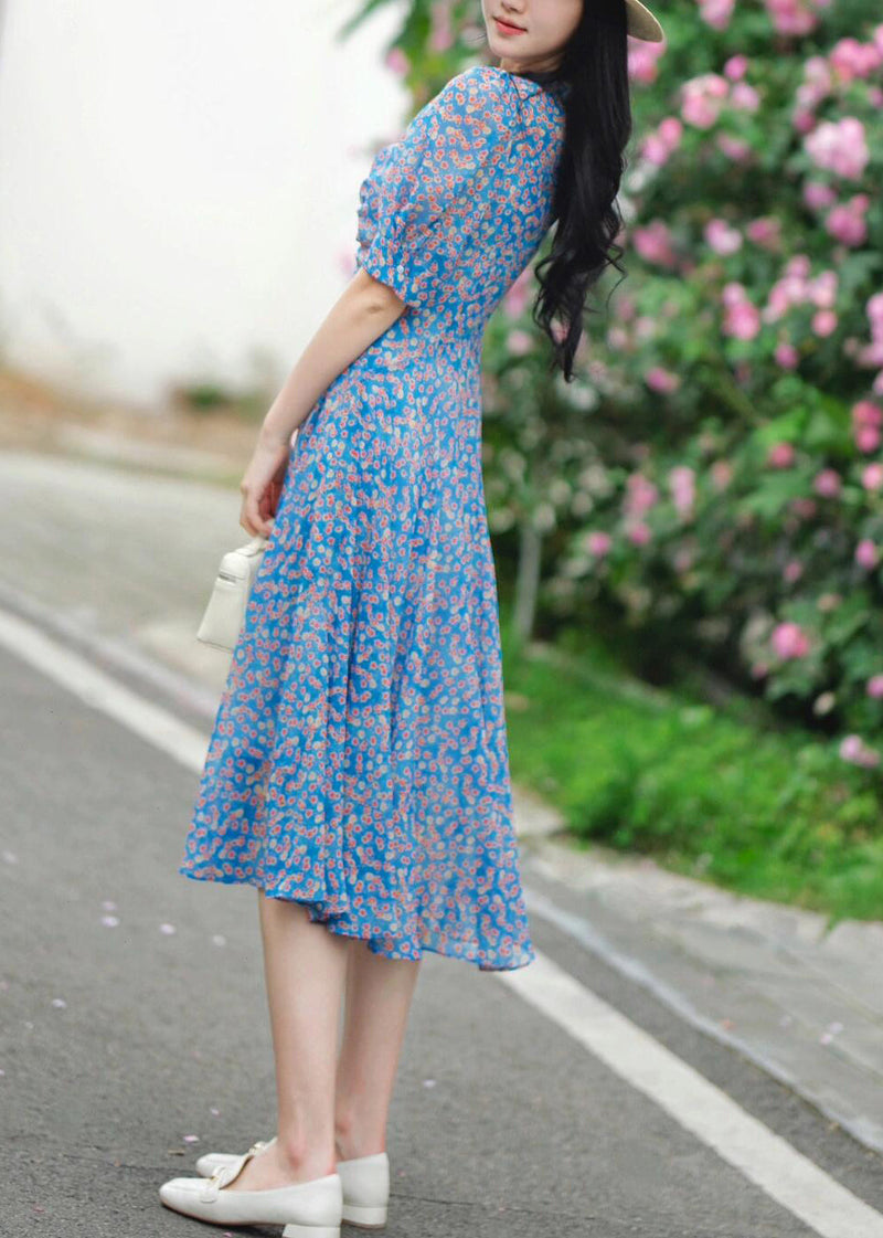 Blue V Neck Print Pockets Cotton Dress Summer