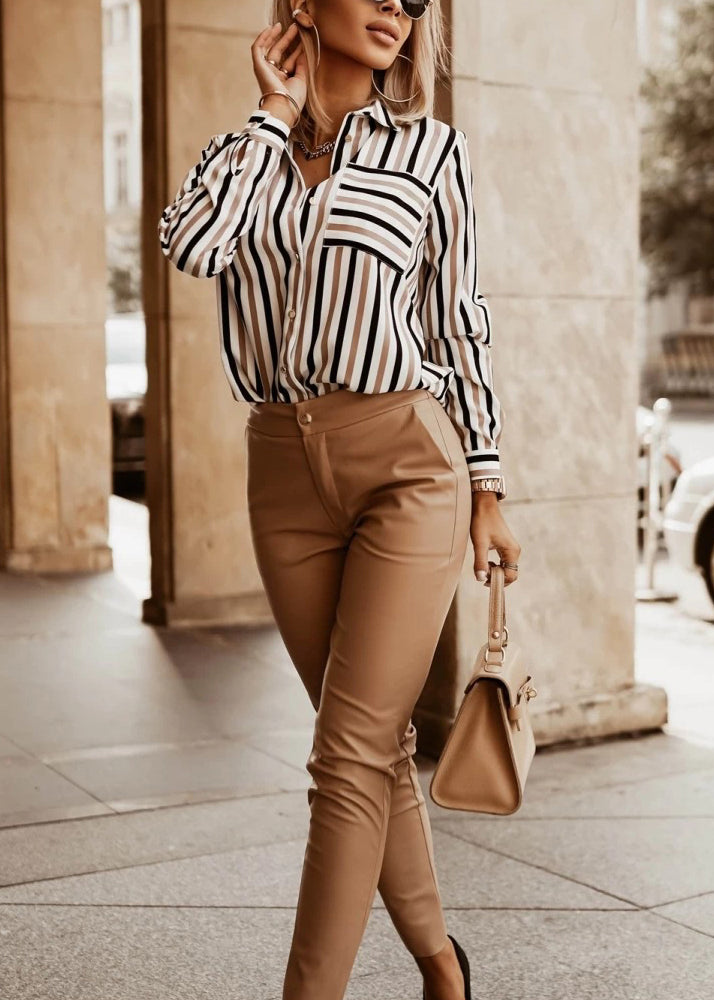 Organic Khaki Peter Pan Collar Striped Cotton Blouses Spring