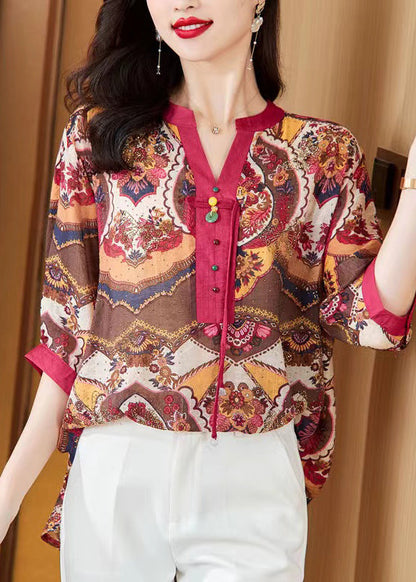 Red Tasseled Print Cotton Blouse Tops Half Sleeve