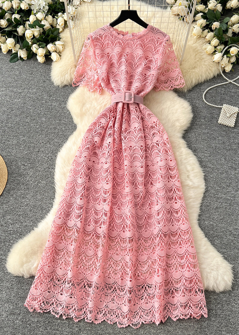 Pink Tie Waist Lace Party Dress Summer