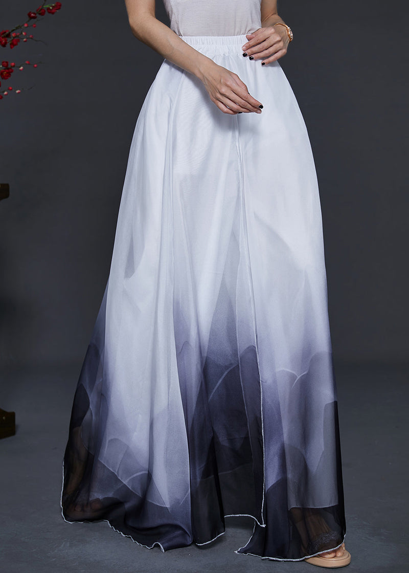 Gradient Color Ink and Wash Print Layered Chiffon Pants Skirts Summer