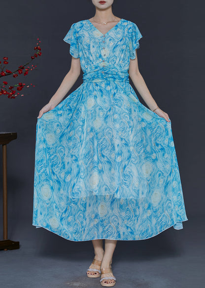 Blue Print Chiffon Beach Dress Butterfly Sleeve