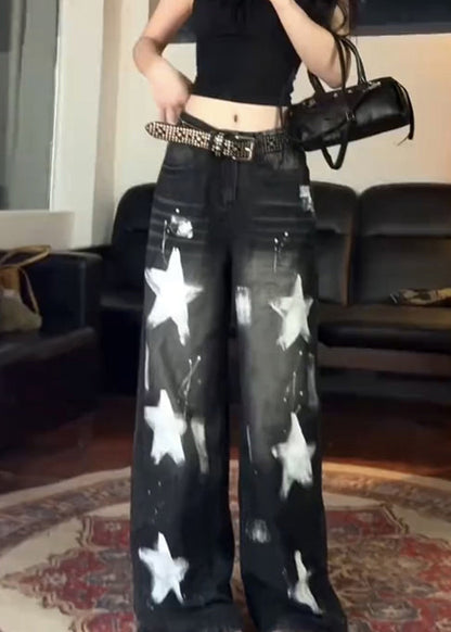 Black Five Pointed Star High Waist Denim Wide Leg Pants Fall