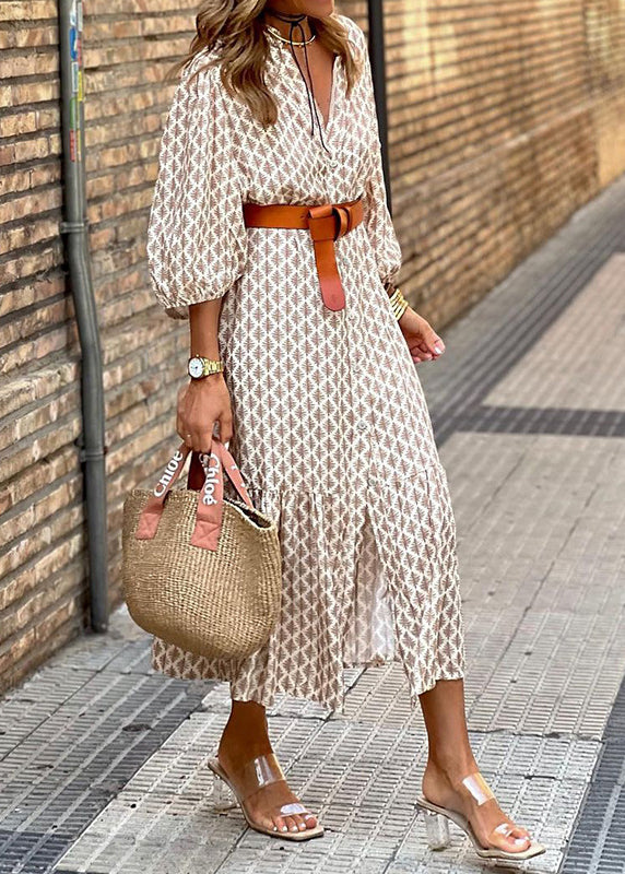 Stylish Khaki V Neck Print Button Cotton Dress Summer