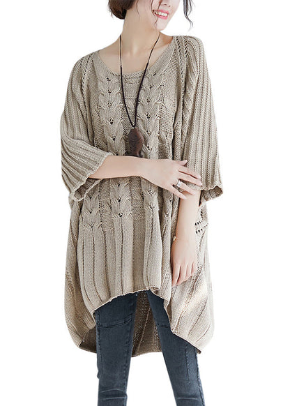 Khaki O Neck Hollow Out Knit Tops Batwing Sleeve