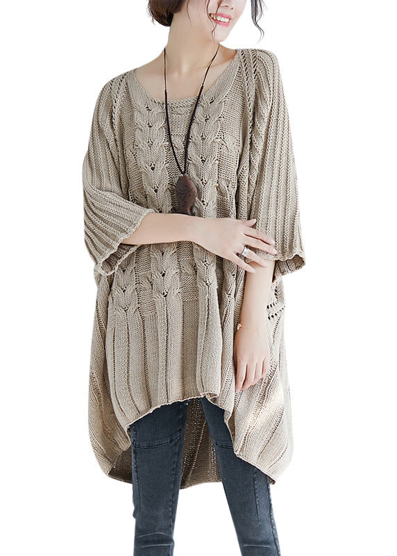 Khaki O Neck Hollow Out Knit Tops Batwing Sleeve