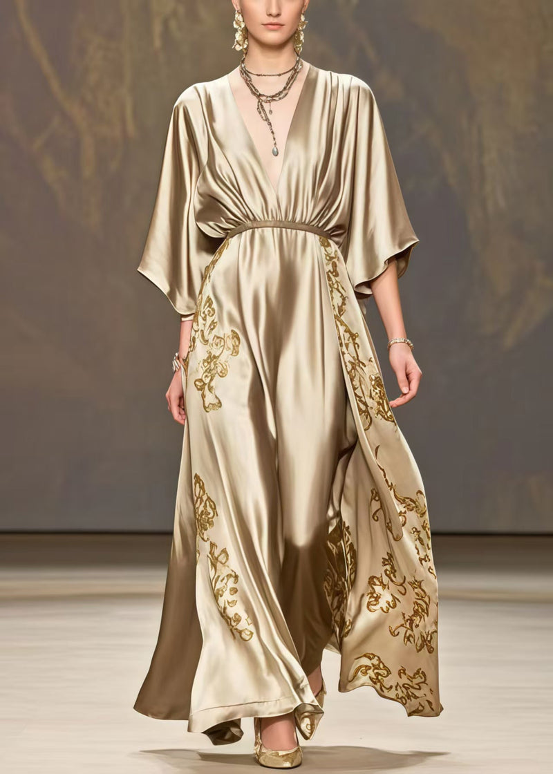 Golden Print Exra Large Hem Silk Maxi Dresses Summer