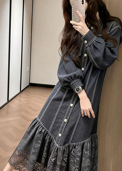 Black Peter Pan Collar Lace Patchwork Denim Dress Spring