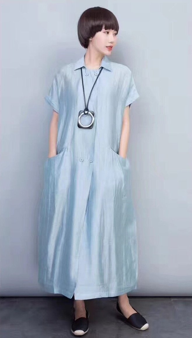 Green Silk Linen Long Dress Wind Coat Q