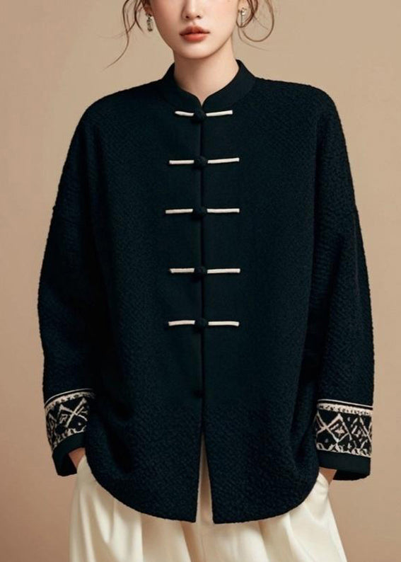 Loose Black Stand Collar Button Cotton Fall Coat