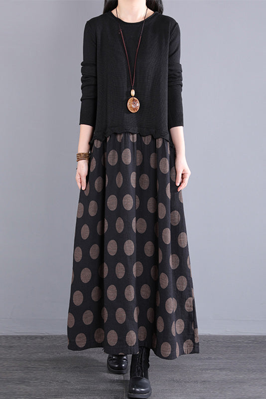 Fall Stitching Long Dress Retro Black Knitted Dress