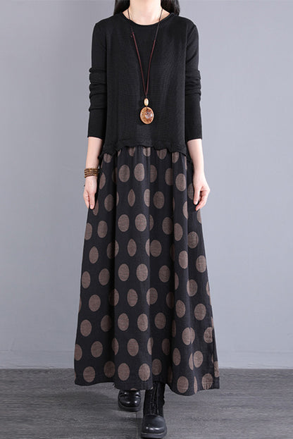 Fall Stitching Long Dress Retro Black Knitted Dress