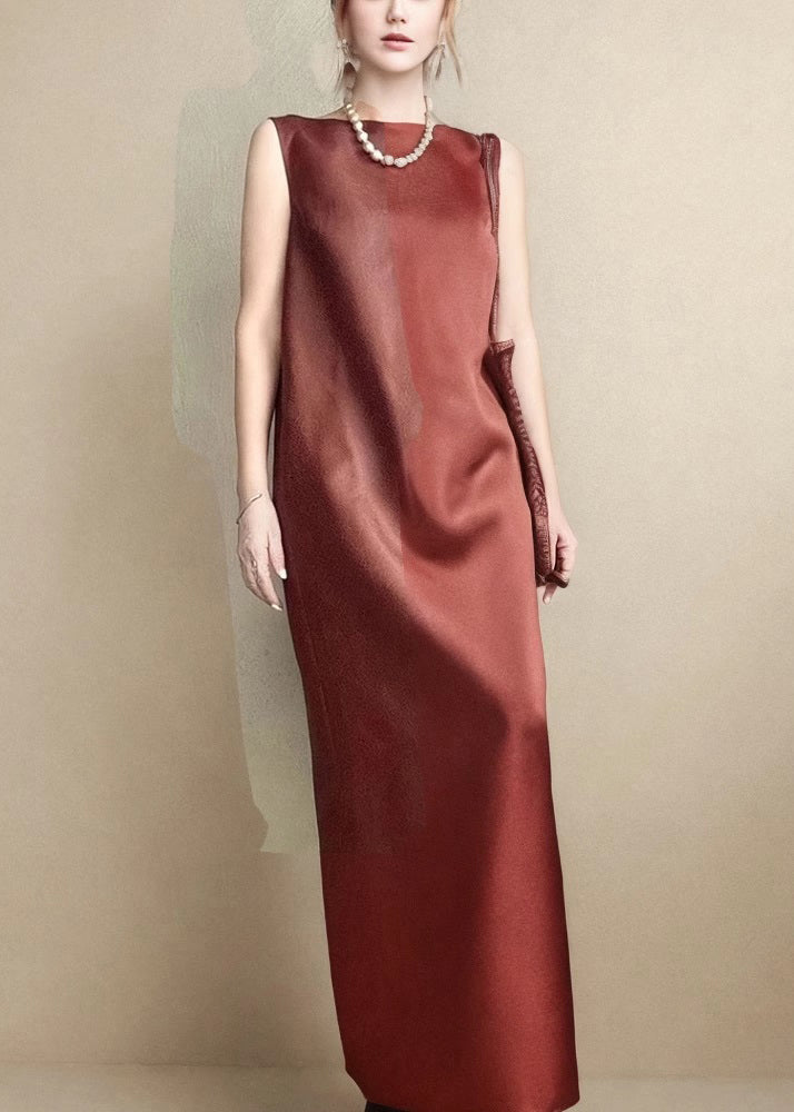 Red Pockets Back Side Open Silk Long Dress Sleeveless