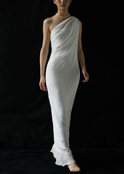Art White Cold Shoulder Wrinkled Silk Maxi Dress Summer