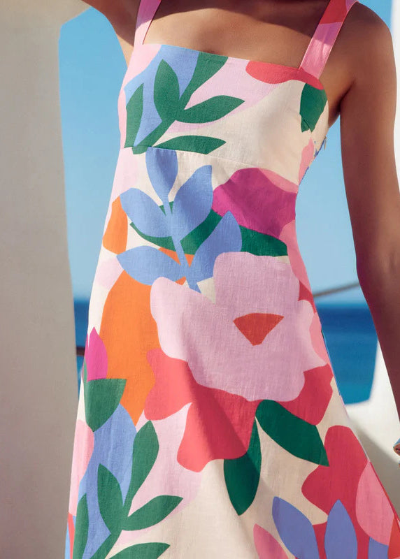 Print Exra Large Hem Cotton Spaghetti Strap Dress Summer