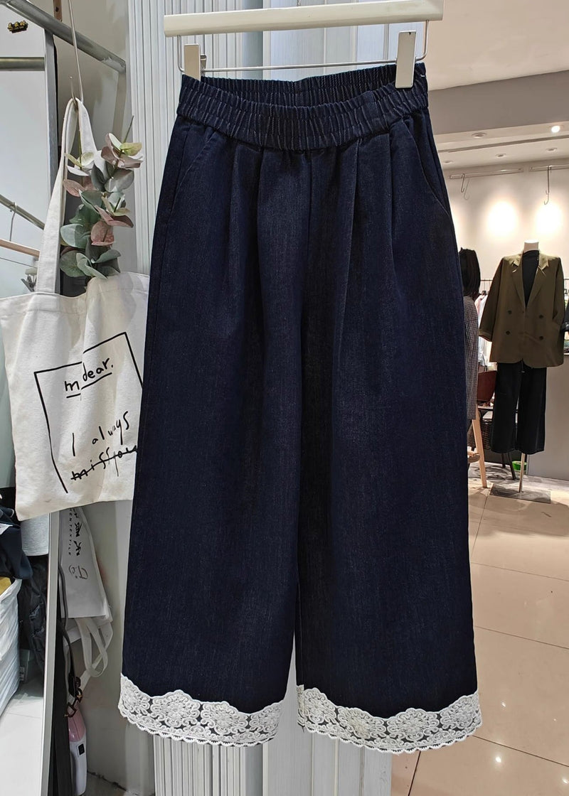 Loose Navy Pockets Lace Patchwork Denim Crop Pants Summer
