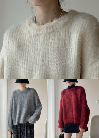 Loose Red Fluffy Knit Sweater Winter