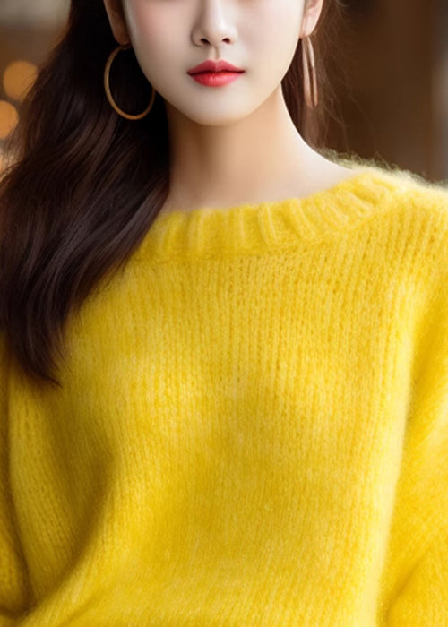 Simple Yellow O Neck Knit Sweater Winter