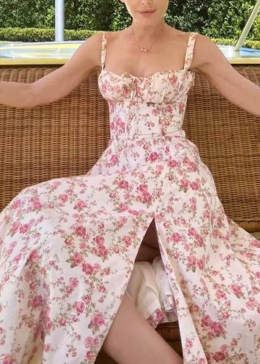 Holiday Style Print Side Open Cotton Spaghetti Strap Dress Summer