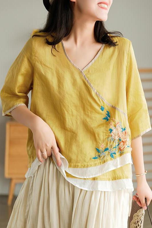Lace-up Ramie Embroidered T-shirt