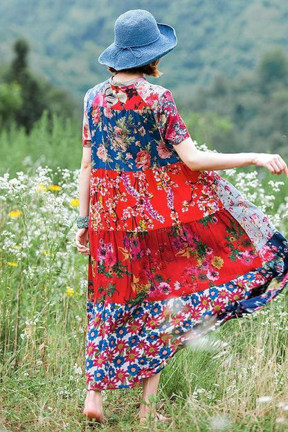 Print Splicing Short Sleeve 100% Cotton Dress