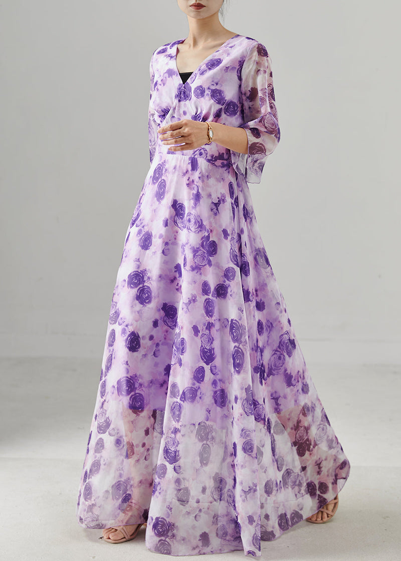 Purple Print Exra Large Hem Chiffon Long Dresses Summer
