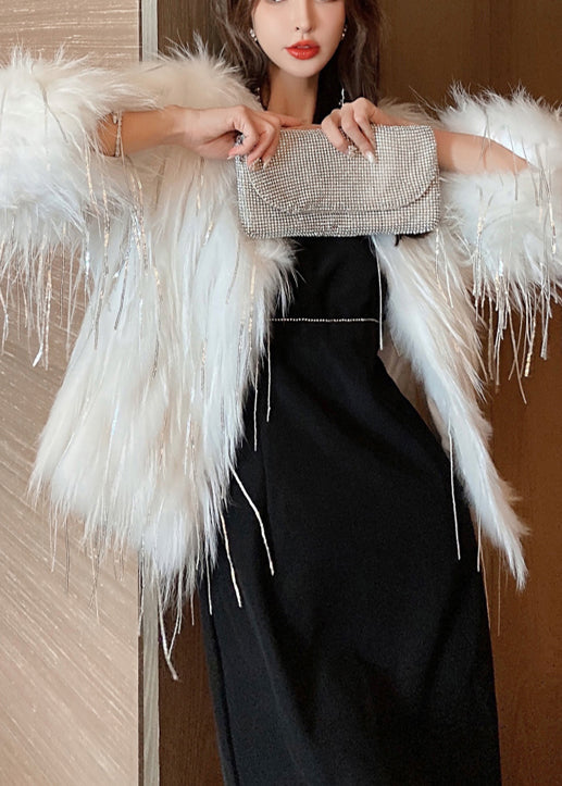 White Tasseled Faux Fur Coats Winter