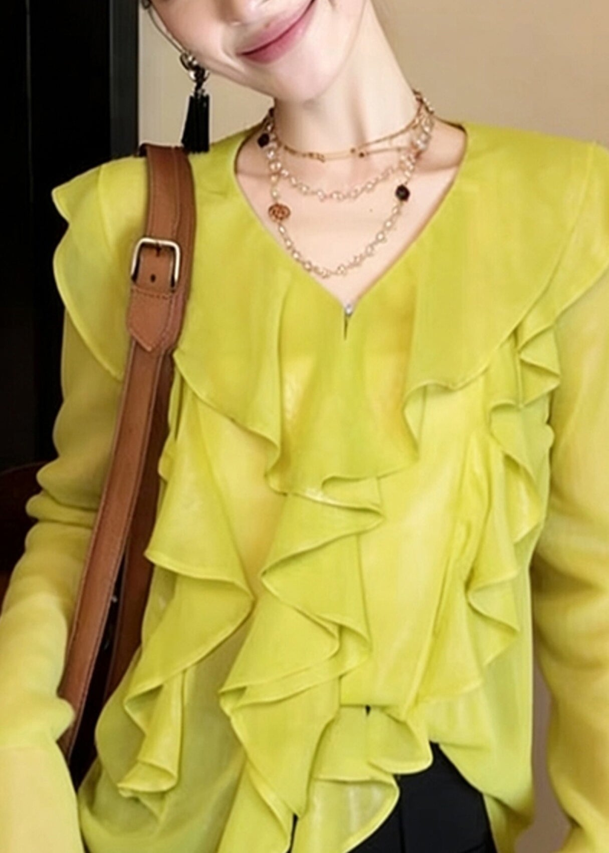 Boutique Fluorescent Green Ruffled Chiffon Top Flare Sleeve