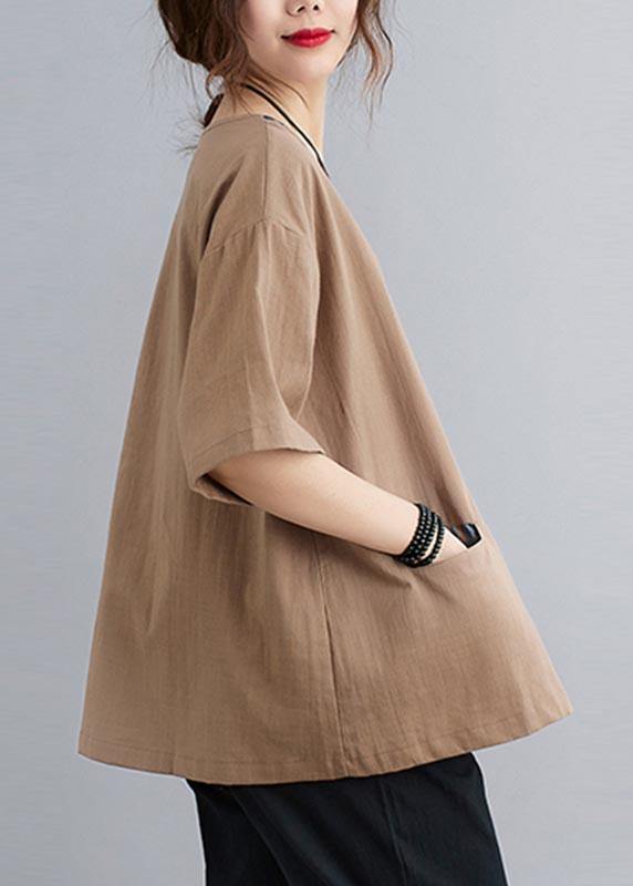 Khaki Patchwork Pockets Cotton Linen Shirt Summer