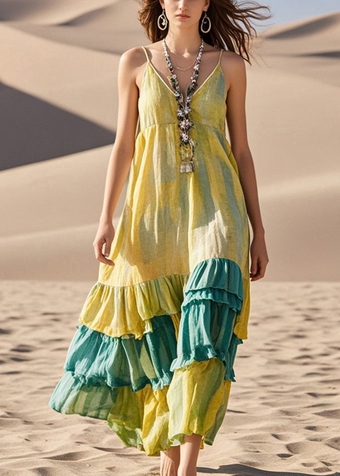 Yellow Tie Dye Patchwork Cotton Sundress Summer