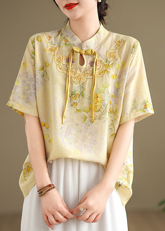 Yellow Tasseled Print Linen Blouses Summer