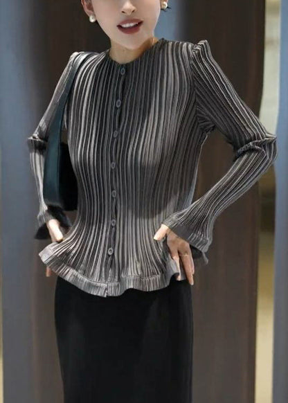 Slim Fit Grey Wrinkled Button Cotton Blouses Fall