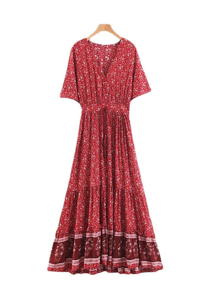 Classy Blue V Neck Print Lace Up Wrinkled Cotton Dress Summer
