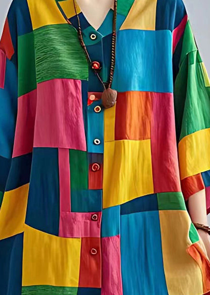 Colorblock Asymmetrical Applique Linen Blouses Bracelet Sleeve