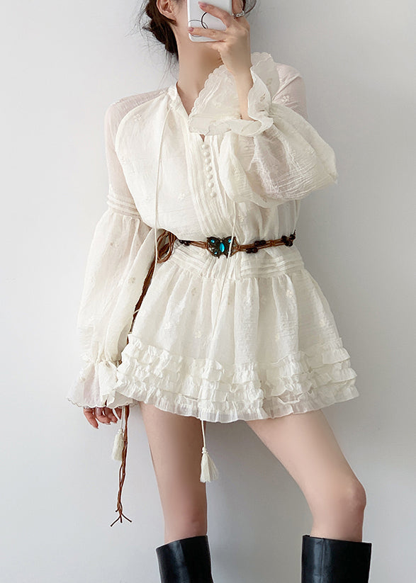 Beige Ruffled Lace Up Cotton Mini Dress Fall