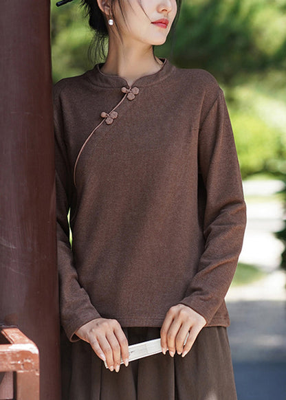 Coffee Stand Collar Oriental Button Cotton Tops Spring