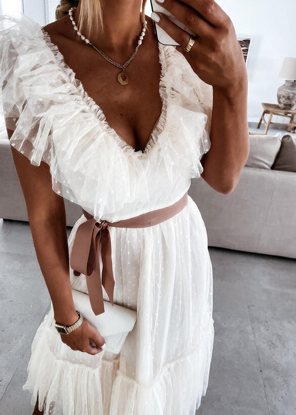 French White V Neck Ruffled Patchwork Tulle Dress Summer