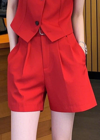 New Red V Neck Button Waistcoat and Shorts Spandex Two Pieces Set Sleeveless