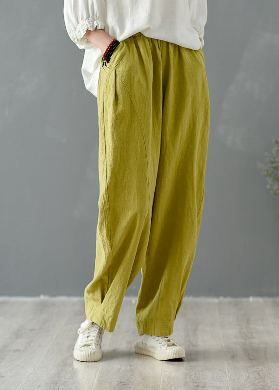 Yellow Pockets Elastic Waist Linen Pants Spring