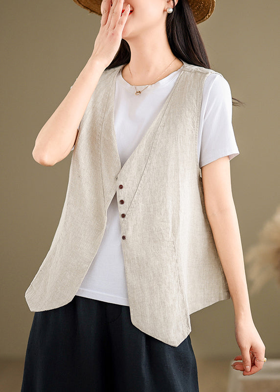 Khaki V Neck Button Cotton Vest Tops Sleeveless