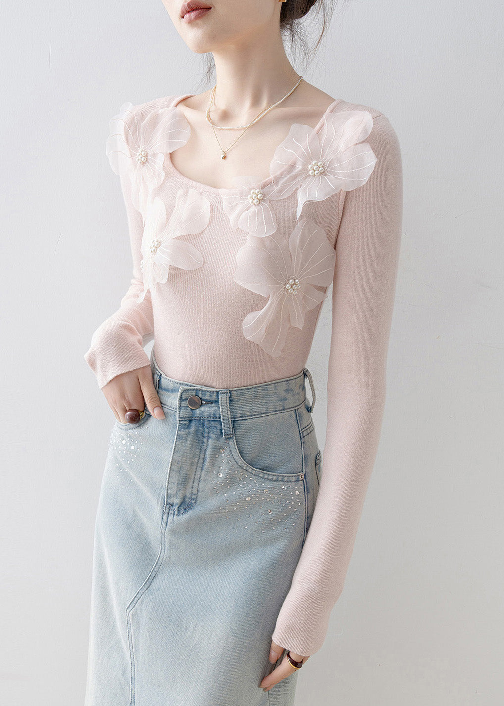 Slim Fit Pink O Neck Nail Bead Knit Top Spring